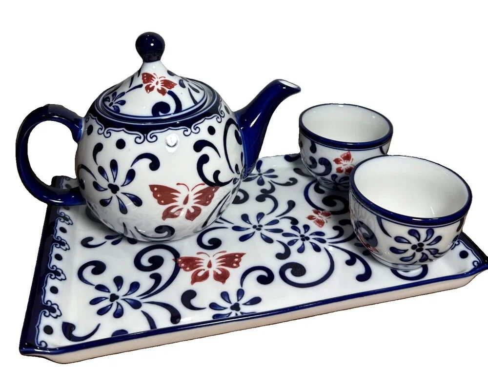 PIER 1 4 Pc HANDPAINTED PORCELAIN TEA Set Sandwich Tray Butterfly Blossom